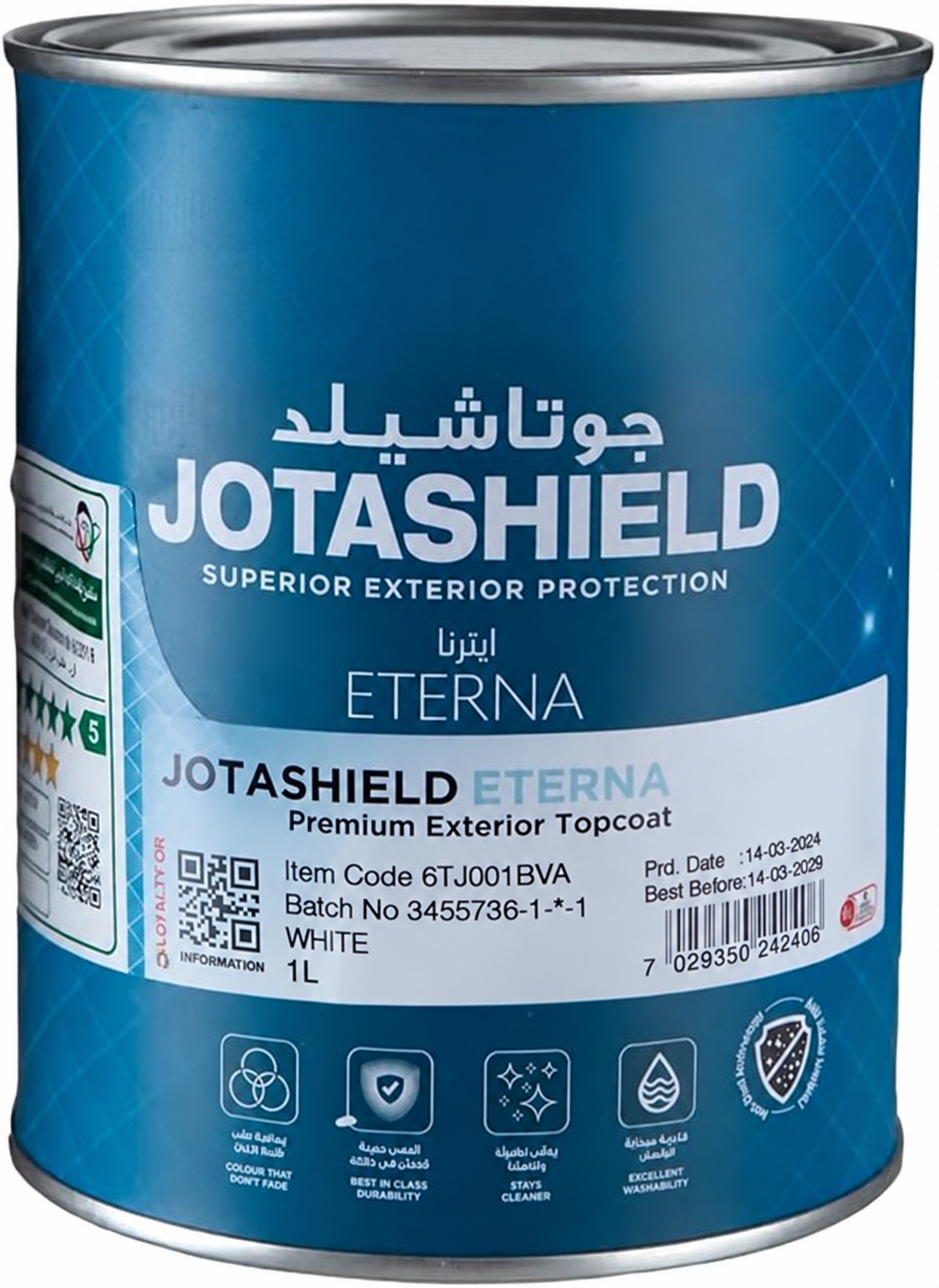 Jotashield Eterna Premium Exterior Topcoat Paint, Superior Protection, 1L, White